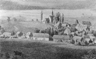 Gmina Bogatynia-Biedrzychowice Górne (Friedersdorf). Ortsansicht, Lithographie, Ausschnitt, aus: Morawek 1863