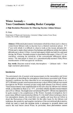 Winter anomaly - trace constituents sounding rocket campaign
