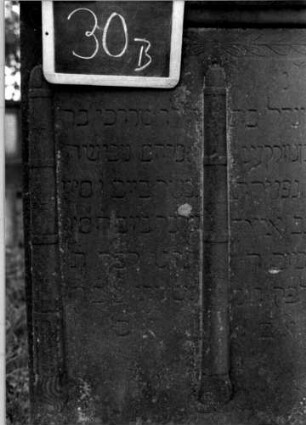 Grabstein 30 (Index: 100111064) Material: Sandstein Zustand: beschädigt und verwittert Maße HxBxT: 128x75x17 cm Beschreibung: Doppelstele, Giebel Symbolik: drei gesenkte Fackeln, Blätterfries Besonderheit: Doppelgrab; - Kindergrab: Grabstein 30B