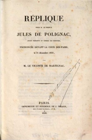 Réplique pour M. le prince Jules de Polignac