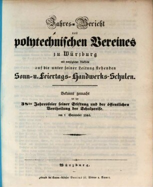 Jahres-Bericht des Polytechnischen Vereins zu Würzburg über den Stand seines Schulwesens : im Jahre .., 1844