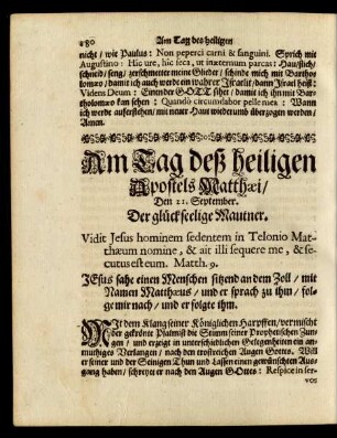 Am Tag deß heiligen Apostels Matthaei/ Den 21. September. Der glückseelige Mautner.