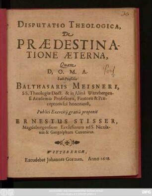 Disputatio Theologica, De Praedestinatione Aeterna