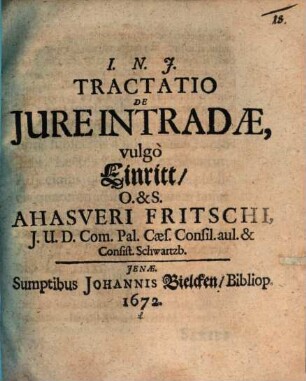 Tractatio De Jure Intradae, vulgo Einritt