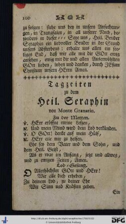 Tagzeiten zu dem heiligen Seraphin.