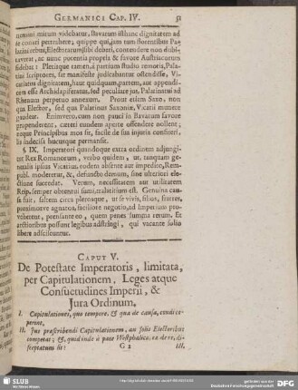 Caput V. De Potestate Imperatoris, limitata, per Capitulationem, Leges atque Consuetudines Imperii, & Jura Ordium. §§ I. - XXVIII.