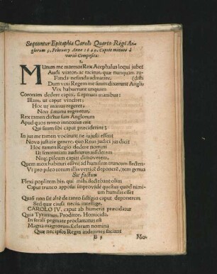 Sequuntur Epitaphia Carolo Quarto Regi anglorum 9. February Anno 1649.