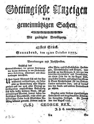 43stes Stück. Sonnabend, den 25ten October 1777.