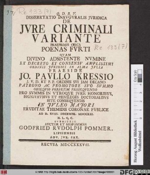 Dissertatio Inavgvralis Jvridica De Jvre Criminali Variante Praeprimis Circa Poenas Fvrti