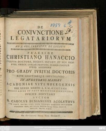 De Conivnctione Legatariorvm : Ad §. VIII. Institvt. De Legatis