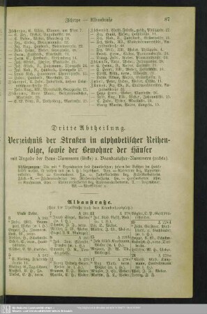 Dritte Abtheilung. Häuserbuch : Dritte Abtheilung. Verzeichniß der Straßen in alphabetischer Reihenfolge, sowie der Bewohner der Häuser