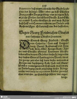 Wegen Georg Friedrichen, Grafen von Hohenloe, Obristen Leutenant