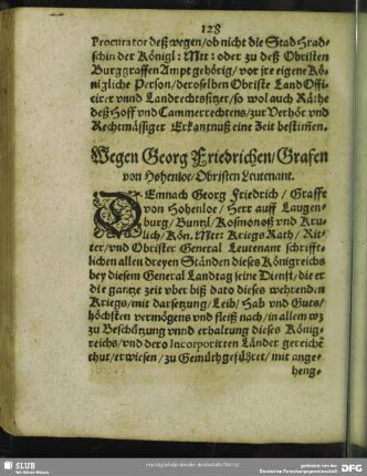 Wegen Georg Friedrichen, Grafen von Hohenloe, Obristen Leutenant