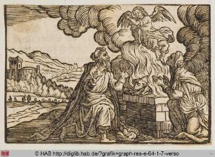 Ein Engel erscheint einem Mann und einer Frau die vor einem brennenden Altar knien, auf dem ein Opferlamm liegt.