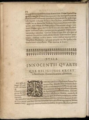 Bulla Innocentii Quarti Qua Religiosos Arcet a functione Hierarchicarum actionum.