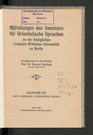 21.1918: Mitteilungen des Seminars für Orientalische Sprachen an der Friedrich Wilhelms-Universität zu Berlin