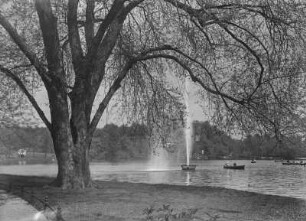 Chemnitz. Blick über den Schlossteich mit Springbrunnen und Ruderbooten