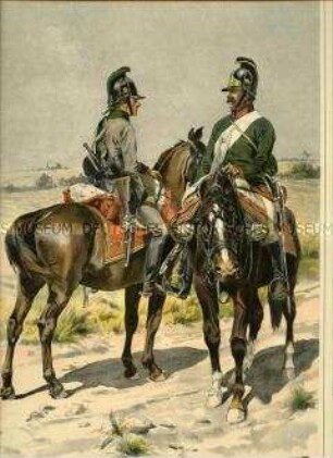 Uniformdarstellung, Gemeiner des Jäger-Bataillons zu Pferde und Gemeiner des Dragoner-Regiments, Österreich, 1800. Tafel 38 aus: Ottenfeld/Teuber: Die österreichische Armee.