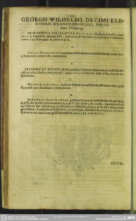 Georgii-Wilhelmi, Decimi Electoris Brandenburgici, Posteritas, e[x] Coniuge ...