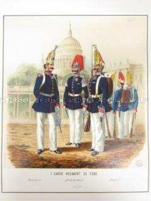 Uniformdarstellung, Hauptmann, Stabshoboist, Sergeant und Mannschaft des 1. Garde-Regiments zu Fuß, Preußen, 1864. Tafel 5 aus: Schindler: Militair-Album.