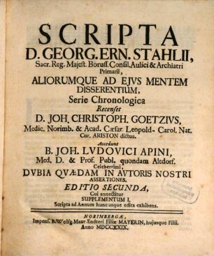 Scripta D. Georg. Ern. Stahlii, Sacr. Reg. Maiest. Boruss. Consil. Aulici & Archiatri Primarii, Aliorumque Ad Eius Mentem Disserentium