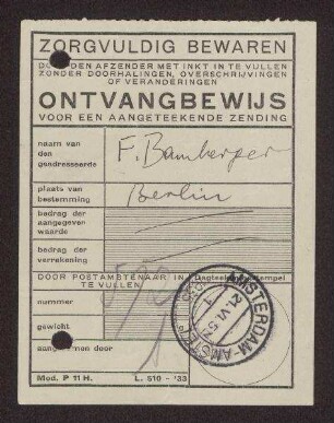 Quittung für ein Einschreiben an Fritz Bamberger (1902-1984) in Berlin