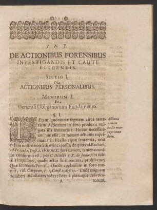 De Actionibus Forensibus Investigandis Et Caute Eligendis. Sectio I. De Actionibus Personalibus.