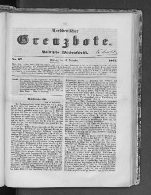Norddeutscher Grenzbote. Politische Wochenschrift. No. 69 11862.