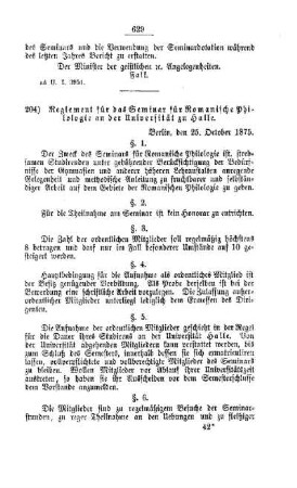 Reglement für das Seminar für Romanische Philologie an der Universität zu Halle : [II. Universitäten, etc.]
