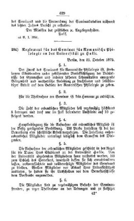 Reglement für das Seminar für Romanische Philologie an der Universität zu Halle : [II. Universitäten, etc.]