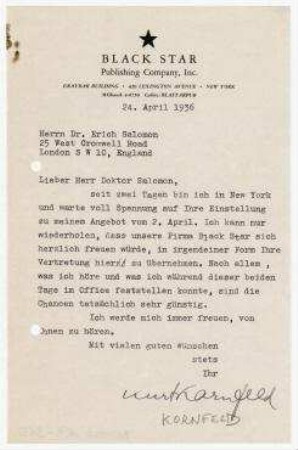 Brief von Kurt Kornfeld, Black Star, New York an Erich Salomon