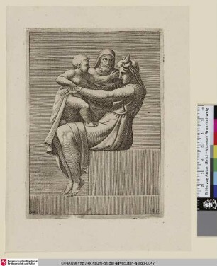 Sitzende Frau mit altem Mann und Kind