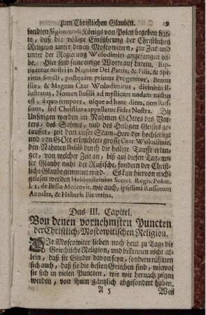 Das III. Capitel. Von denen vornehmsten Puncten der Christlich- Moscowitischen Religion