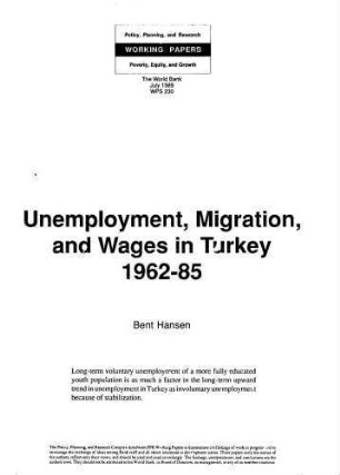 Unemployment, migration, and wages in Turkey 1962-85
