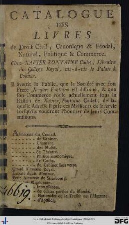 Catalogue Des Livres, de Droit Civil, Canonique et Féodal, Naturel Politique et Commerce.