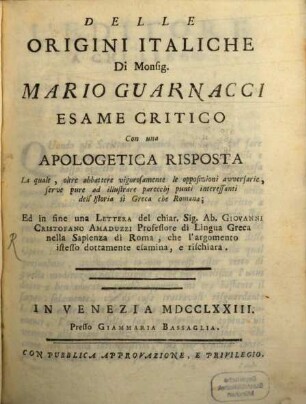 Delle origini italiche de Monsig. Mario Guarnacci esame critico