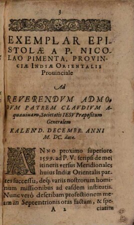 Exemplum epistolae de statu rei Christianae in India orientali 1600