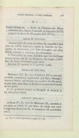 N° 7 Turcs ottomans. - Suite de l'histoire des Turcs ottomans (a), depuis la bataille de Lépante (1571) jusqu'à la mort de Mustapha III (1774)