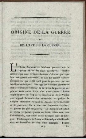 Origine De La Guerre Et De l'Art De La Guerre.