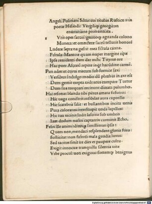 Silva cui titulus Manto : mit Widmungsbrief an Lorenzo de' Medici, Florenz 2.11.1482. [1-3], [2]. Silva cui titulus Rusticus