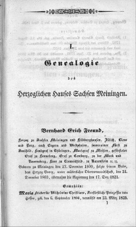 I. Genealogie des Herzoglichen Hauses Sachsen Meiningen