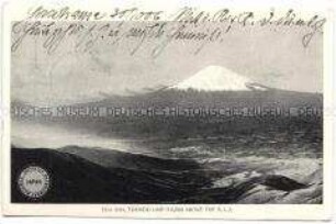Blick auf den Vulkan Fuji-san (Fuji), Postkarte von der parlamentarischen Studienreise nach Ostasien des Reichstagsabgeordneten Dr. Georg Lucas