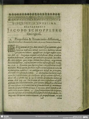 Disquisitio Undecima. Respondente Jacobo Schopplero Ottingensi