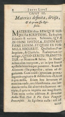 Caput III. Materies definita, divisa, & de praemissis Epistolae.