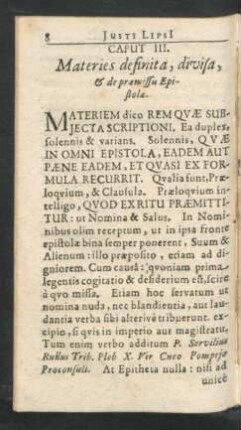 Caput III. Materies definita, divisa, & de praemissis Epistolae.