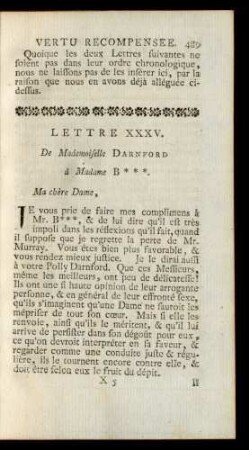 Lettre XXXV. De Mademoiselle Darnford à celle Madame B***. Ma chère Dame, ...