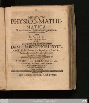 Disputatio Physico-Mathematica, Nobilissimarum Quarundam Quaestionum Decadem Continens