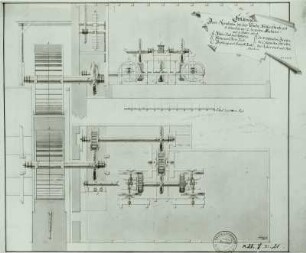 Dresden, Projekt für die Pulvermühle : Dresden, Projekt für die Pulvermühle, Grundriss und Schnitt der Mühlräder, lavierte Federzeichnung, 1754
