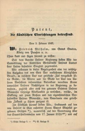 Patent, die ständischen Einrichtungen betreffend. Vom 3. Februar 1847.
