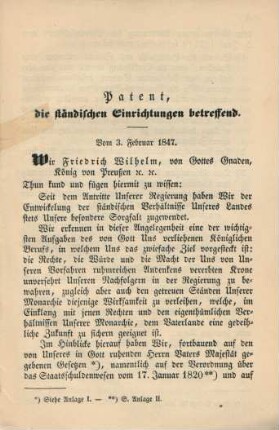 Patent, die ständischen Einrichtungen betreffend. Vom 3. Februar 1847.